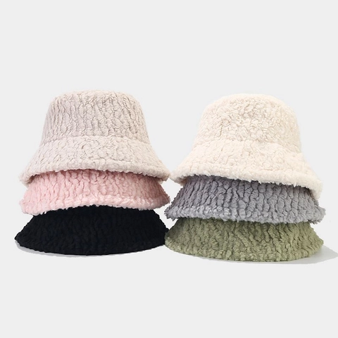 Cappello Da Pescatore In Peluche Lana Di Agnello Donna Caldo Ispessito Tinta Unita Inverno Chic Minimalista Casual Regolabile