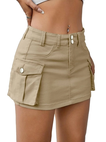 Minigonna Cargo Da Donna In Twill Di Cotone Vita Bassa Tinta Unita Streetwear Y2K Attillata Con Grandi Tasche