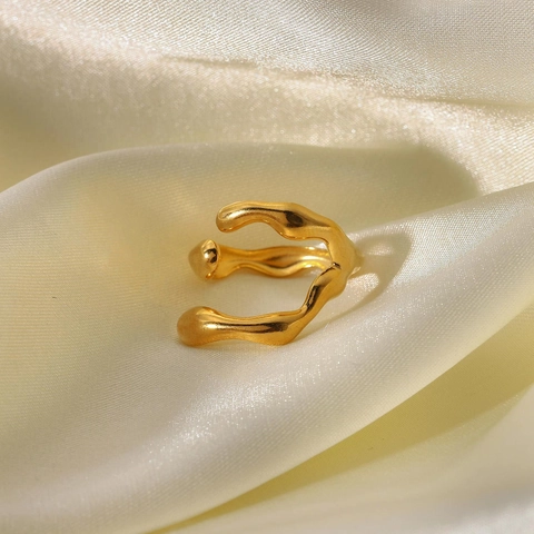 Edelstahl Unregelmäßig Geometrisch Offen Ring Für Damen 18K Vergoldet Geschmolzene Lava Stil Verstellbar Mode Fingerring Schmuck