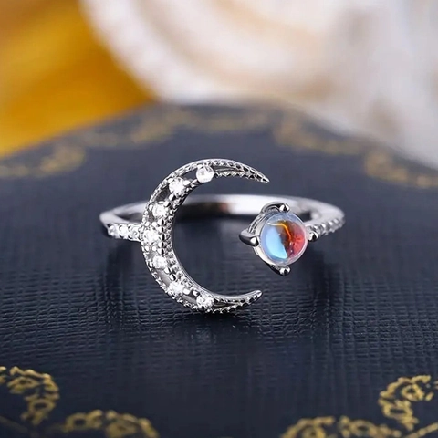 Adjustable Open Ring Copper With Crescent Moon Cubic Zirconia And Faux Moonstone Romantic Sweet Elegant Jewelry For Women