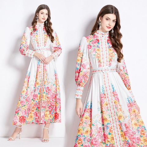 Vestito Maxi Donna Chiffon Stampa Floreale Maniche Lunghe Collo Alto Cintura Elegante Stile Palazzo Vintage