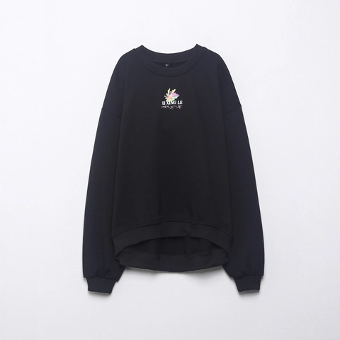 Felpa Da Donna Girocollo Maniche Lunghe Misto Cotone Acrilico Stampa Drago Cinese Streetwear Nero