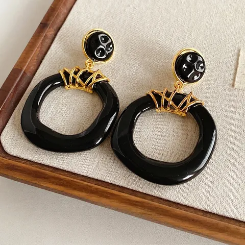 Pendientes Colgantes Geométricos Vintage Con Aro Irregular De Resina Y Poste De Plata Retro Negro Oro Estilo Para Mujeres