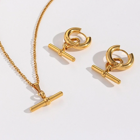 Minimalist Stainless Steel T-Bar Pendant Cuban Chain Necklace And Hoop Earrings Polished Geometric Jewelry For Women