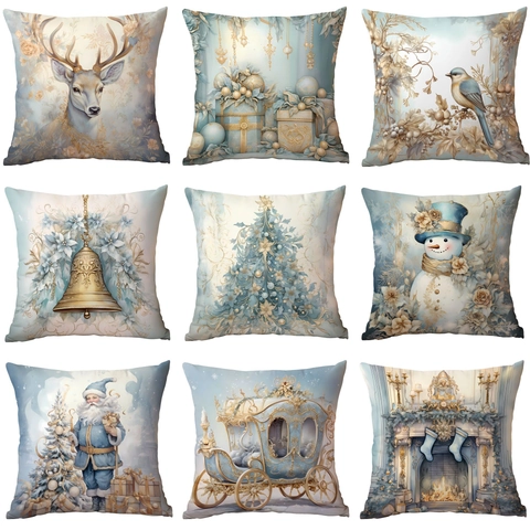 Christmas Cushion Covers Short Plush Elegant Artistic Santa Reindeer Illustration Cases For Sofa Living Room Home Decor