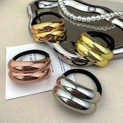 Hair Ties Metal Alloy Shiny Double Layer Arc High Elastic Hair Rope Ponytail Holder Minimalist Elegant For Women