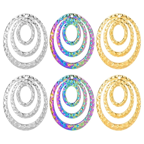 Stainless Steel Oval Pendants Hammered Texture Three Layer Concentric Geometric DIY Jewelry Accessories Fashion