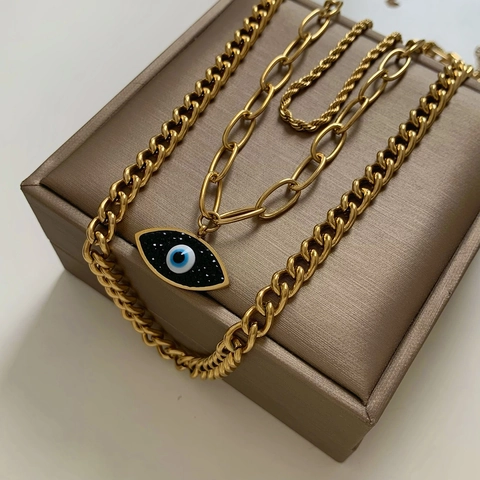 Evil Eye Anhänger Edelstahl Mehrlagige Halskette Geschichtete Kette Paperclip Curb Seil Schmuck Für Frauen Mode
