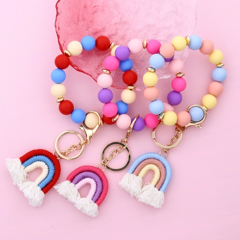 Boho Rainbow Macrame Tassel Keychain Silicone Bead Bracelet For Women Colorful Beaded Wristlet Key Ring Holder Bag Charm