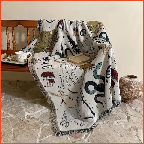 Bohemian Woven Throw Blanket Cotton Polyester Jacquard Forest Illustration Fringe For Couch Sofa Camping Home Decor