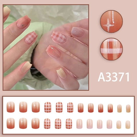 Korte Vierkante Ronde Press On Nagels Oranje Roze Gradiënt Wit Raster Sterpatroon Afneembare Glanzende Kunstnagels Voor Vrouwen