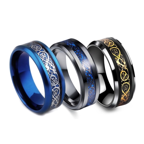 Men Celtic Dragon Ring Tungsten Carbide Stainless Steel Beveled Edge Carbon Fiber Inlay Comfort Fit Band Jewelry