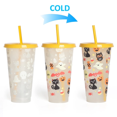 Tasse Gobelet en Plastique Changement de Couleur à Froid Halloween avec Couvercle et Paille