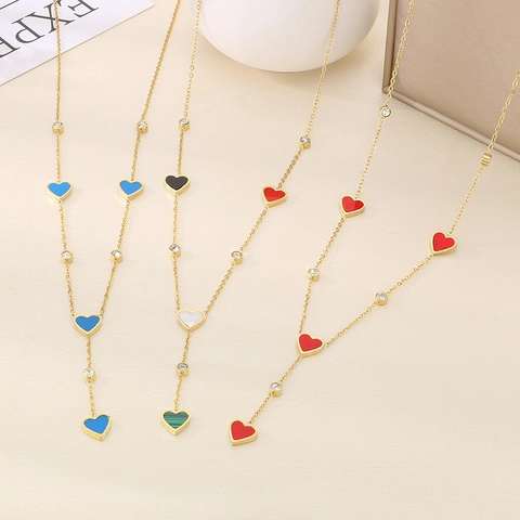 Collier Pendentif Coeur en Acier Inoxydable Incrusté de Coquillage Strass Gland en Y Ras du Cou Mode Bijoux Femme