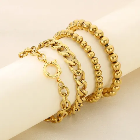 Pulsera De Acero Inoxidable Con Cuentas Cadena De Eslabones Cubanos De Varias Capas Joyería Metálica Hipoalergénica Mujer