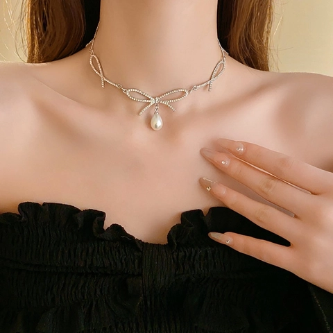 Bowknot Pendant Necklace Alloy Rhinestone With Water Drop Faux Artificial Pearl Clavicle Chain Elegant Jewelry For Women Gift