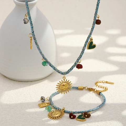 Bohemian Gewebtes Seil Halskette Armband 18K Vergoldeter Edelstahl Sonne Herz Schloss Anhänger Vintage Ethno Schmuck Damen
