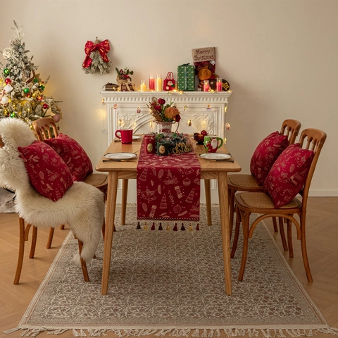 Camino De Mesa Navideño Patrón Reno Copo De Nieve Con Borlas Poliéster Jacquard Decoración Hogar Comedor Rojo