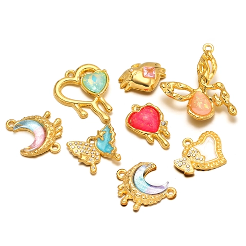 Edelstahl Mond Herz Schmetterling Anhänger Mit Farbigem Stein Emaille Strass DIY Schmuckherstellung Charms Elegant