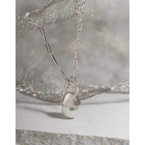 Collana In Argento Sterling S925 Con Pendente In Onice Nero E Perla Artificial Di Conchiglia Catena A Graffetta Gioielli Minimalisti Da Donna