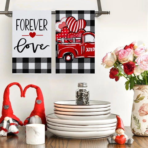 Canovacci Da Cucina San Valentino Poliestere Asciugamani Assorbenti Decorativo Cuore Motivo A Quadretti Per La Casa
