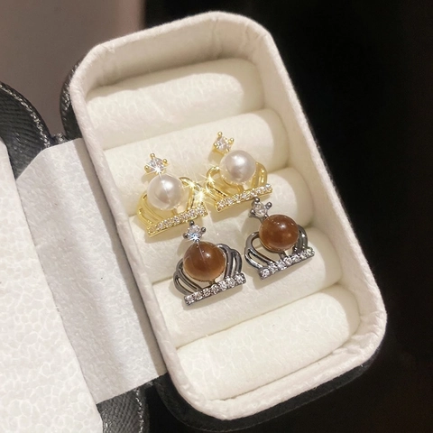 Pendientes De Botón Con Forma De Corona Con Perla Artificial De Imitación Y Zirconia Aleación Para Mujer Con Poste De Plata
