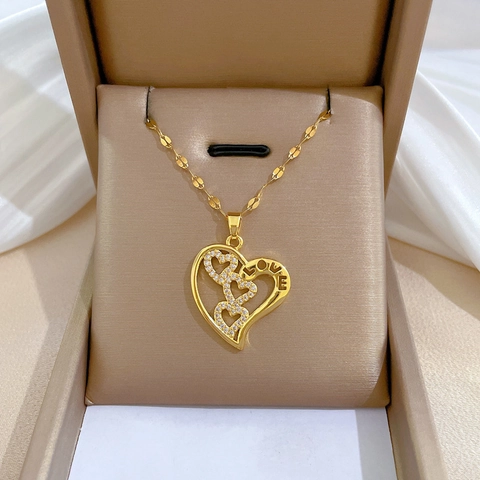 Hollow Heart Pendant Necklace Stainless Steel Chain Copper Zircon Love Lettering Gold Plated Elegant Jewelry For Women