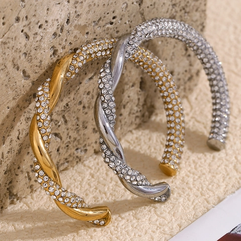 Twisted Open Cuff Bracelet 18K Gold Plated Stainless Steel Pave Rhinestone Asymmetric Sparkly Retro Jewelry For Women
