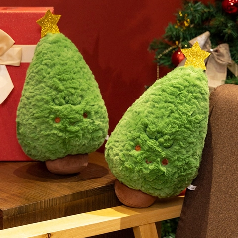 Christmas Tree Plush Toy Soft Long Plush Stuffed Pillow With Gold Star Cute Embroidered Face Holiday Home Decoration
