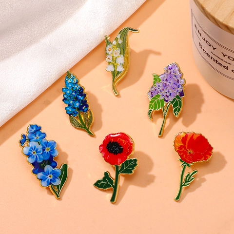 Broches Fleurs Émail Épingles Florales Alliage Zinc Coquelicot Muguet Lilas Myosotis Décor Pour Vêtements Sac