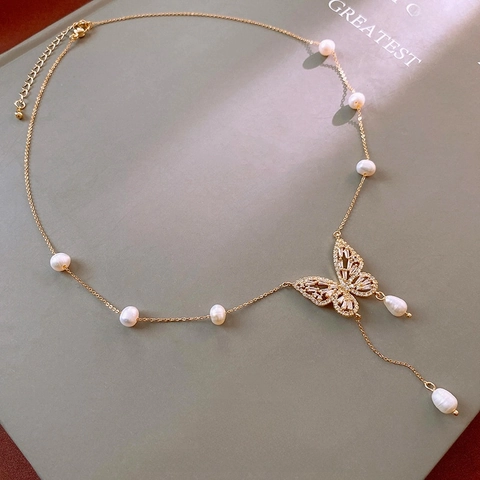 Collana Con Pendente A Farfalla Perla D'acqua Dolce Rame Zirconia Cubica Gioielli Eleganti Vintage Francese Per Donna