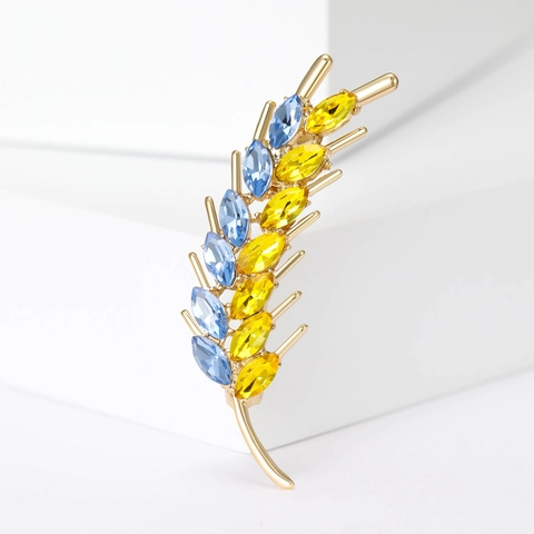 Elegante Korenaar Blad Broche Voor Dames Luxe Legering Blauw En Geel Kristal Strass Speld Voor Jurken Mode