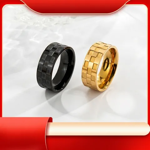 Fashion Stainless Steel Checkerboard Ring For Men Women Geometric Pattern Electroplated Gold Black Jewelry Creative Gift
