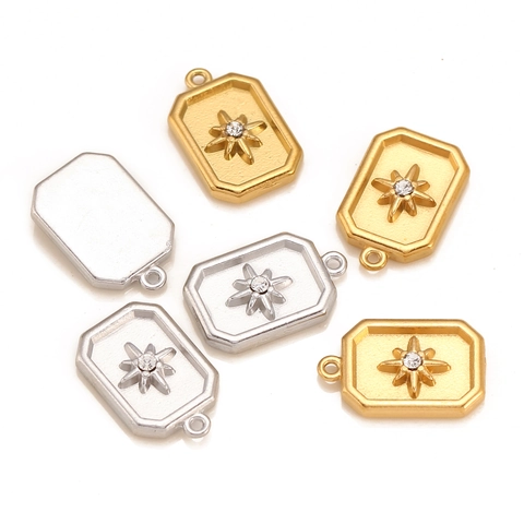 Colgante Rectangular Acero Inoxidable 304 Estrella Del Norte Octograma Circón Incrustado DIY Fabricación Joyería Chapado Oro Plata
