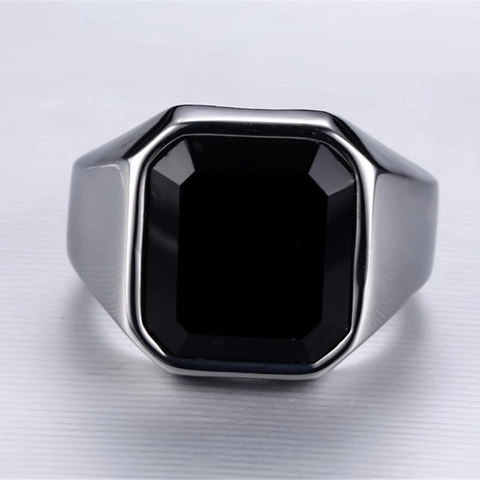Anillo De Sello Para Hombre Con Circonita Negra Cuadrada Joyería De Dedo Simple Elegante Pavimentada Metal
