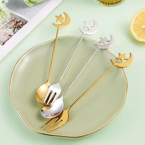 Creative 304 Stainless Steel Spoon And Fork Star Moon Charm Dessert Cake Fruit Coffee Stirrer Mirror Polished
