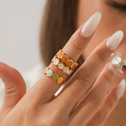 Small Daisy Flower Ring Stainless Steel Colorful Enamel Oil Drip Open Adjustable Band Fashion Jewelry For Women Gift