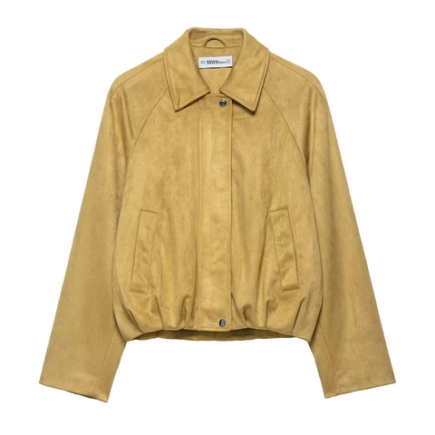 Women Faux Suede Jacket Short Baseball Coat Lapel Zipper Casual Retro Streetwear Outerwear Ginger Yellow Long Sleeve