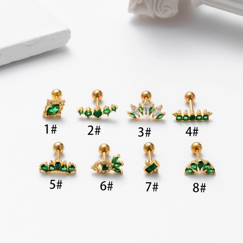 Stainless Steel Cartilage Stud Earrings Green Crown Zircon Copper Screw Ball Back Fashion Piercing Jewelry For Women