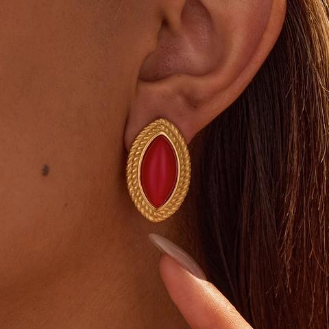 French Retro Marquise Stud Earrings Stainless Steel With Resin Vintage Design Jewelry For Women