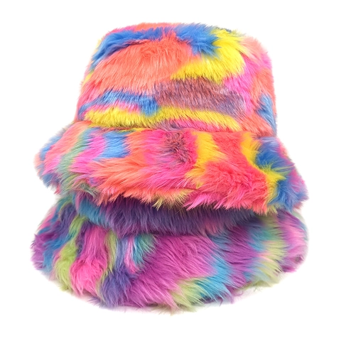 Rainbow Colorful Faux Fur Bucket Hat Fluffy Long Hair Thick Warm Winter Hat For Women Trendy Tie Dye Gradient Novelty