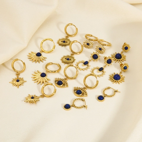 Orecchini A Goccia Retro Francese Acciaio Inossidabile Placcato Oro Lapislazzuli Occhio Del Male Sole Stella Gioielli Donna