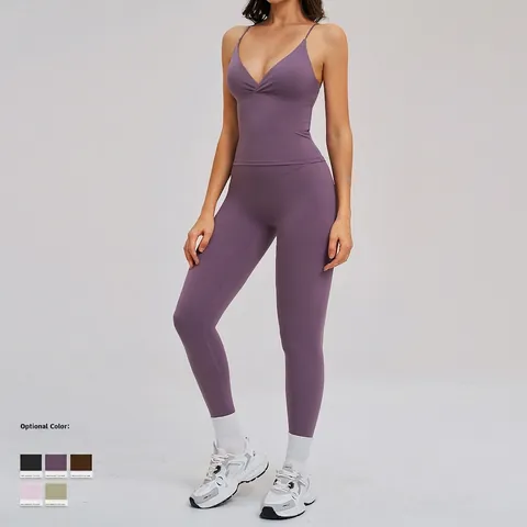 Polyamide Elastane Women Yoga Fitness Outfits High Waist Leggings And V Neck Strappy Back Vest