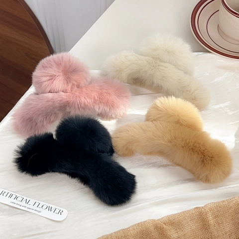 Grande Molletta Per Capelli In Pelliccia Di Coniglio Peluche Pinza A Squalo Soffice Copricapo Invernale Donna Elegante