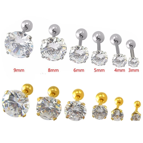 4-Claw Round Rhinestone Stud Earrings For Women Alloy Metal Screw Back Ear Bone Nail Piercing Jewelry Gold Silver