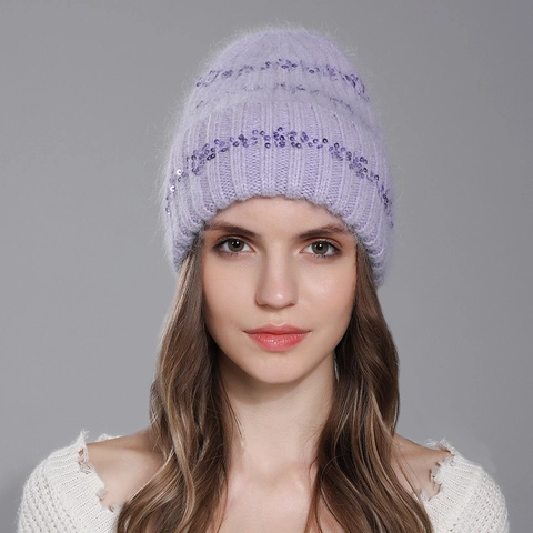 Women Knitted Beanie Hat Sequin Rabbit Fur Blend Winter Warm Soft Thick Pullover Cap Solid Color Fashionable Outdoor