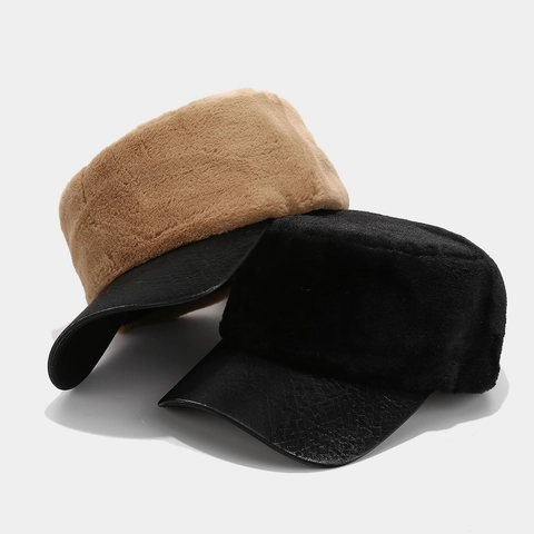 Chapeau Militaire en Peluche pour Femmes Avec Bord en Cuir Rétro Chaud Casquette de Marin Mode Chapeau Gavroche Quotidien
