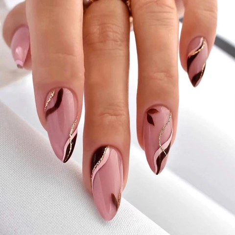 Almond Press On Nagels Roze Bruin Golf Ontwerp Glanzende Kunstnagels Met Lijm