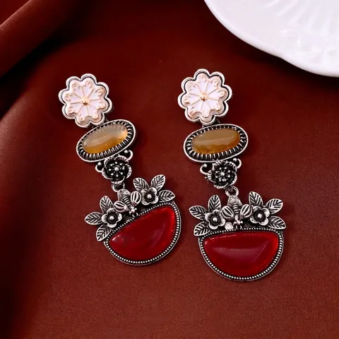 French Retro Dangle Earrings With Silver Earring Post Alloy Resin Flower Oval Yellow Red Ethnic Style Elegant Jewelry For Women