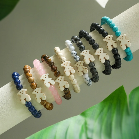 Bracciale Di Perle In Pietra Naturale Con Pendente A Orso Agata Occhio Di Tigre Pietra Lavica Elastico Gioielli